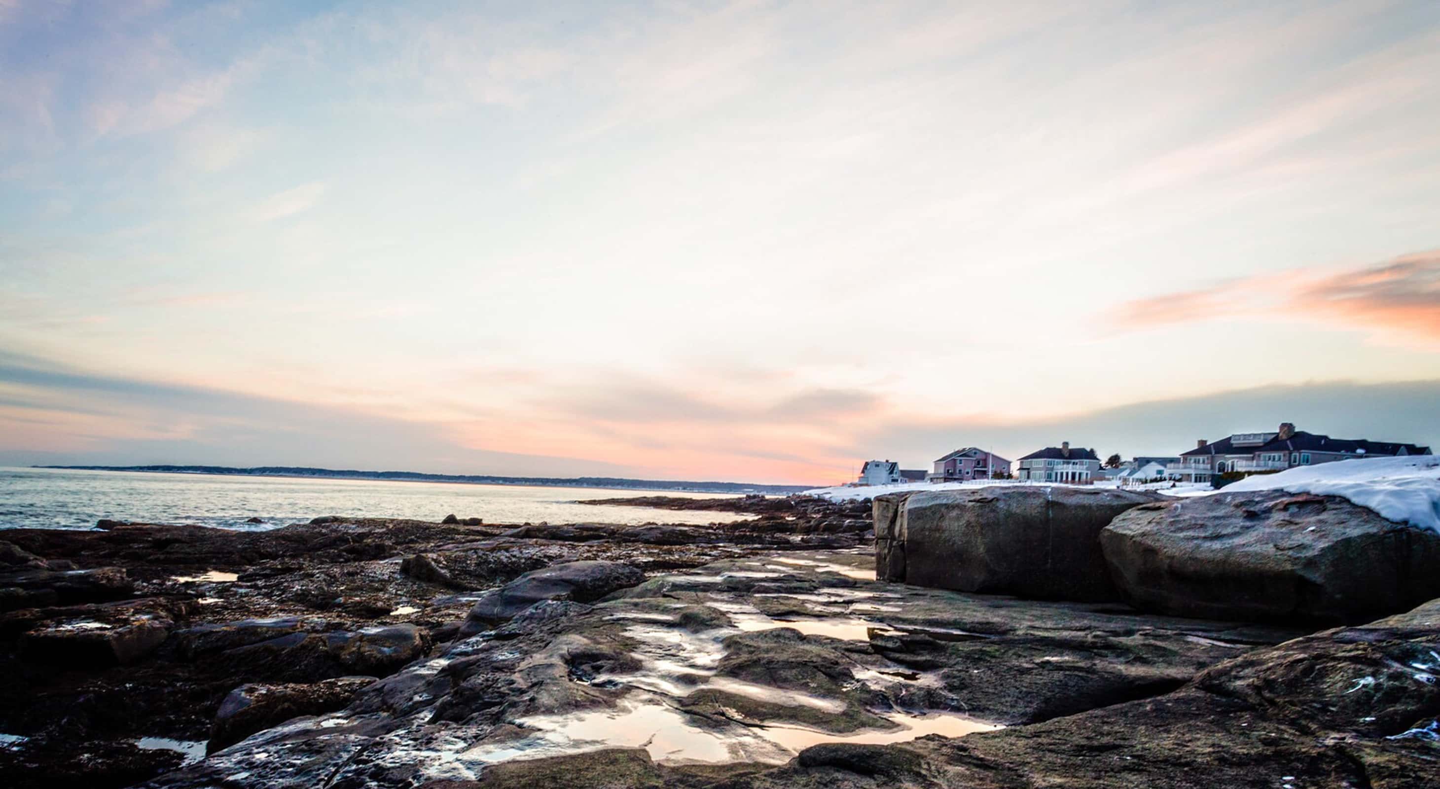 Maine rocky coastline during winter