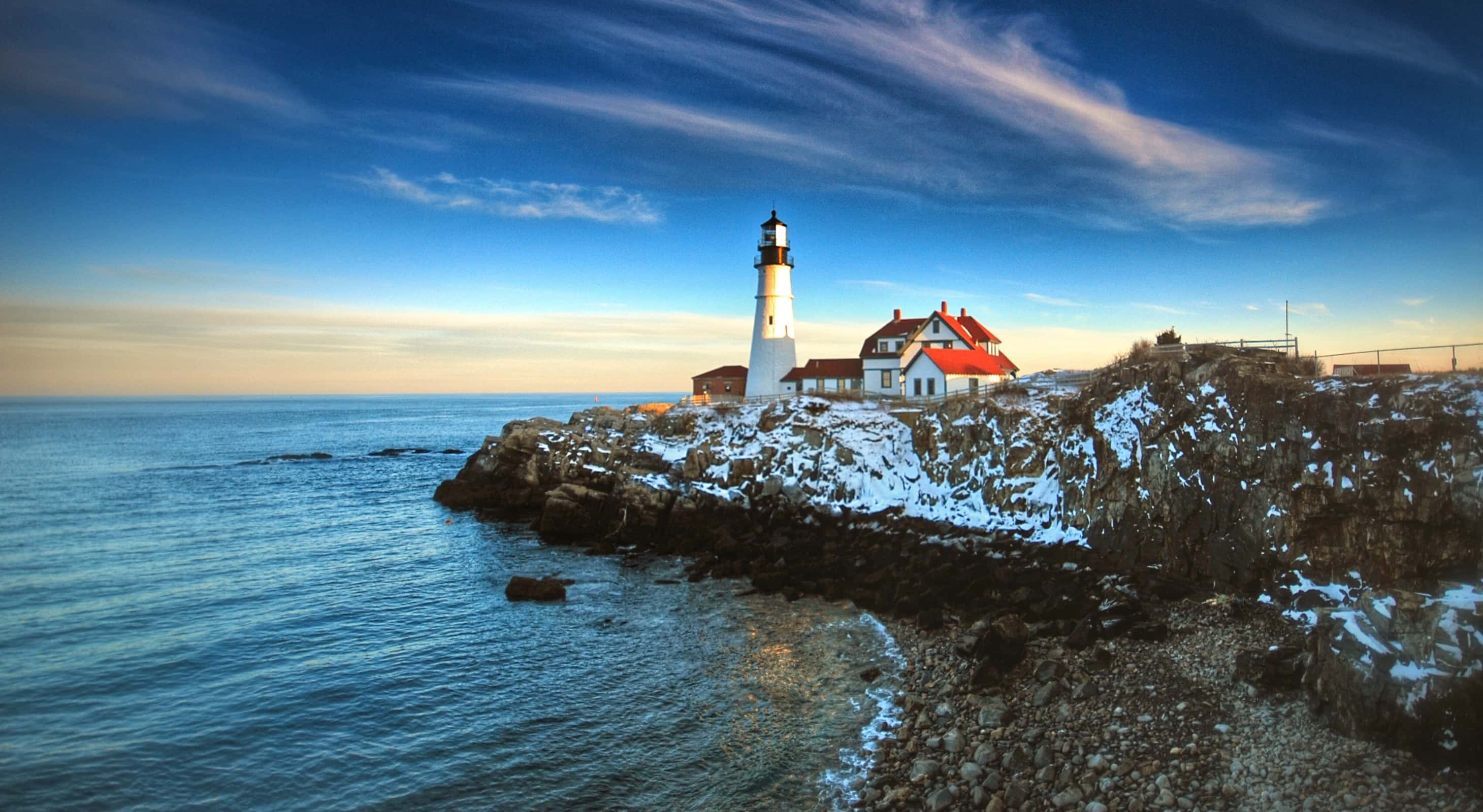 Lighthouse on the coast of Maine in the winter