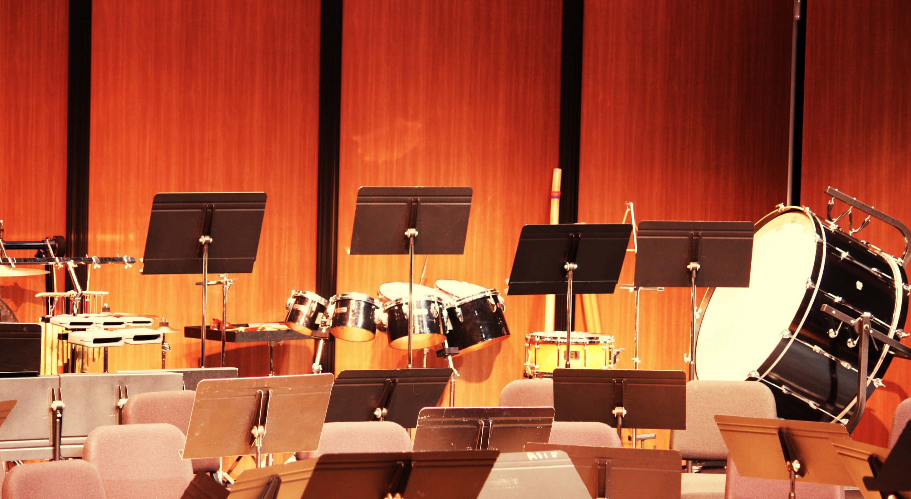 Orchestra instruments in a concert hall