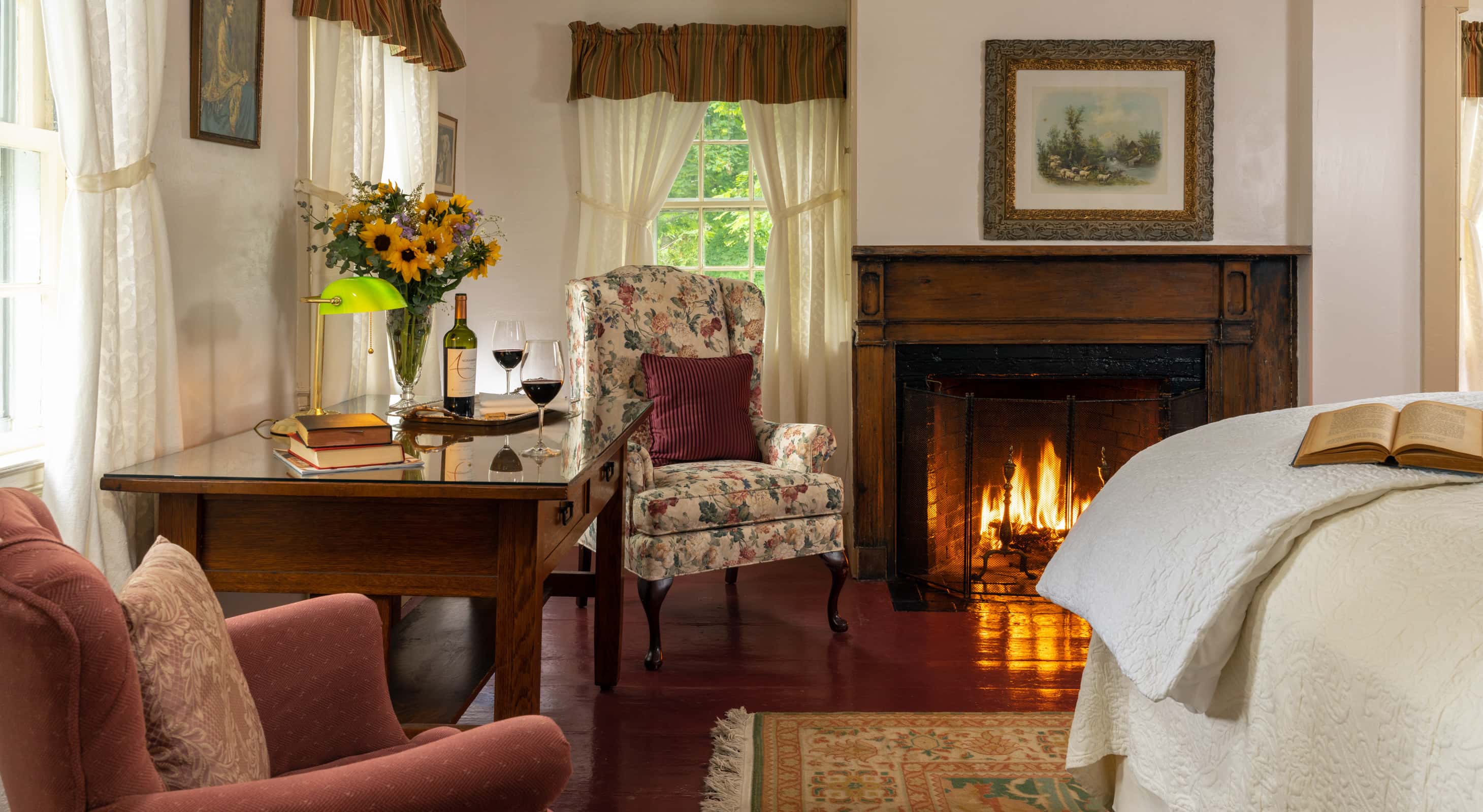Fireplace and Wine at a Maine Bed and Breakfast in Blue Hill