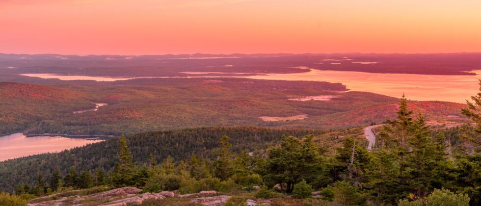 pink and orange sunset at blue hill overlook of the forest and ocean in maine