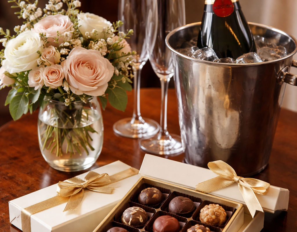 champagne, flowers and chocolate